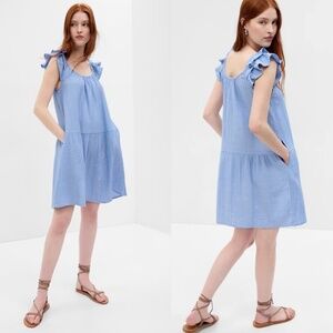 New GAP Women's Blue Ruffle shoulder  Crinkle Gauze Mini Dress  sz XL Tall